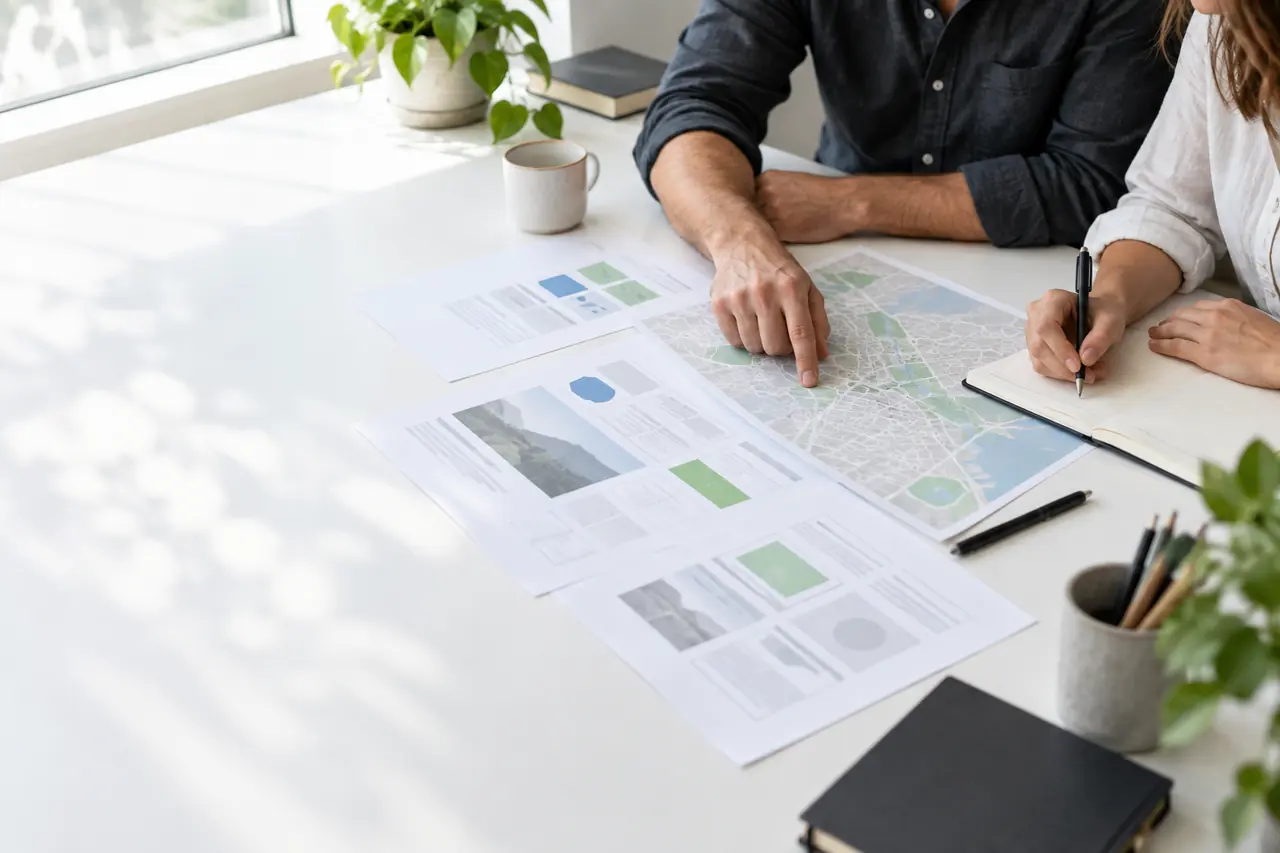 A business team reviews a local map and website planning documents